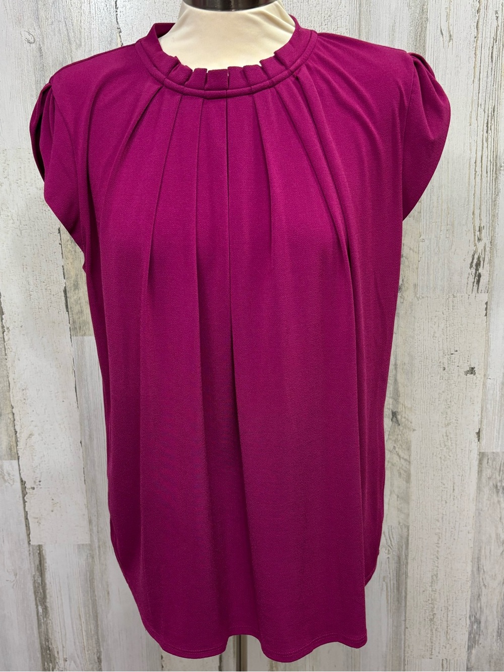 Elle Magenta Pleated Neck Cap Sleeve Blouse‎